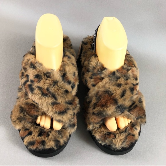 Madden NYC Animal Print Faux Fur Crossband Platform Sandals - Picture 2 of 11